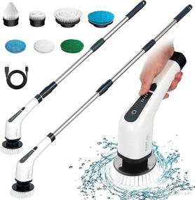 img 4 attached to 🧼 White Electric Spin Scrubber: FARI Cordless Cleaning Brush with 7 Replaceable Brush Heads for Bathroom, Kitchen, Car. 360 Power Scrubber Mop with Adjustable Handle for Tub and Floor Tile.