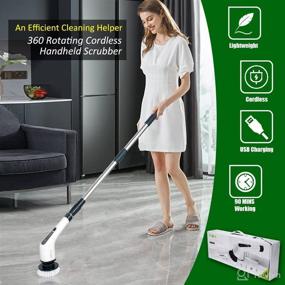 img 3 attached to 🧼 White Electric Spin Scrubber: FARI Cordless Cleaning Brush with 7 Replaceable Brush Heads for Bathroom, Kitchen, Car. 360 Power Scrubber Mop with Adjustable Handle for Tub and Floor Tile.