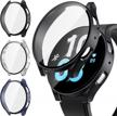 3-pack samsung galaxy watch 5 & 4 44mm screen protector case accessories - hard pc face cover bumper hd tempered glass film, matte black/blue/sliver logo