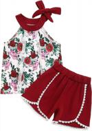стильный комплект одежды из 3 предметов для девочек: топ на бретельках с цветочным принтом и кружевом с рюшами, шорты с цветочным принтом и шляпа от солнца логотип