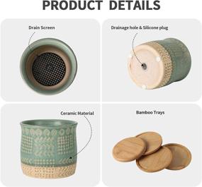 img 2 attached to 4 Inch Ceramic Plant Pots With Drainage Holes And Bamboo Saucers - Set Of 4 For Succulent, Cactus & Herbs By TAMAYKIM Retro Totem Planters In Green