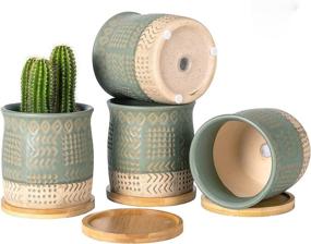 img 4 attached to 4 Inch Ceramic Plant Pots With Drainage Holes And Bamboo Saucers - Set Of 4 For Succulent, Cactus & Herbs By TAMAYKIM Retro Totem Planters In Green