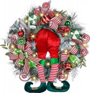 valery madelyn large christmas wreath with elf leg - pre-lit 30-inch red, green, and white decor with 40 battery-operated led lights for front door, fireplace, and xmas decoration logo