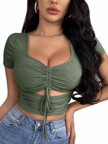 img 4 attached to Women'S Summer Sexy Crop Top Ruched Y2K V Neck Slim Short Sleeve Casual Basic Knit T Shirt Workout Tops