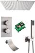 brushed nickel 16-inch thermostatic ceiling mount rainfall shower system with 3-way valve, square rain showerhead and handheld shower, and waterfall tub spout combo set including rough-in valve. logo