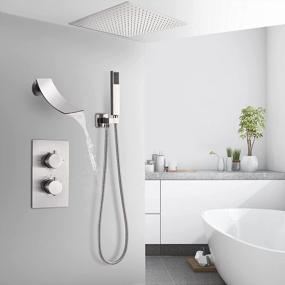 img 2 attached to Brushed Nickel 16-Inch Thermostatic Ceiling Mount Rainfall Shower System With 3-Way Valve, Square Rain Showerhead And Handheld Shower, And Waterfall Tub Spout Combo Set Including Rough-In Valve.