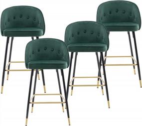 img 4 attached to Set Of 4 Green Velvet Bar Stools With Tufted Round Back And Gold Footrest For Dining Room And Kitchen Island