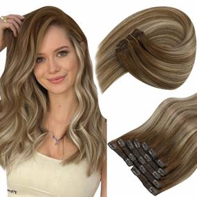 img 4 attached to 24 Inch Brown To Platinum Blonde Ombre Clip In Human Hair Extensions - 7Pcs 120G
