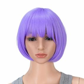 img 4 attached to Lavender Purple Short Bob Wig With Bangs - SWACC 10 Inch Synthetic Colorful Wig For Cosplay, Daily Wear, And Parties, Includes Wig Cap For Women And Kids