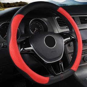 img 4 attached to 🔴 D Shape Steering Wheel Cover: Premium Microfiber Leather, Breathable & Anti-Slip | Flat Bottom, Ideal for Men and Women | Red, 15-inch Diameter