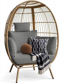 img 4 attached to Outdoor/Indoor Wicker Egg Chair With Stand And Cushions - Grey Lounger For Patio, Backyard, Porch