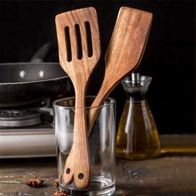 img 1 attached to 5 Pcs Acacia Wood Kitchen Utensils Set | Non Stick Cooking Spoons, Slotted Spoon, Turner & Flat Wooden Spatula | Best Wooden Utensil For Mixing & Serving Food.