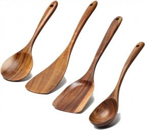 img 3 attached to 5 Pcs Acacia Wood Kitchen Utensils Set | Non Stick Cooking Spoons, Slotted Spoon, Turner & Flat Wooden Spatula | Best Wooden Utensil For Mixing & Serving Food.