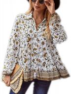 women's boho peplum tops with floral print, long sleeves and button-down lapel neck - casual hem tunics shirts blouse logo