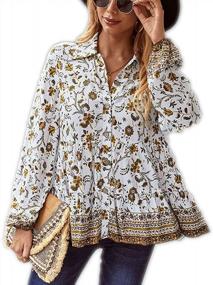 img 4 attached to Women'S Boho Peplum Tops With Floral Print, Long Sleeves And Button-Down Lapel Neck - Casual Hem Tunics Shirts Blouse