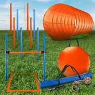 cheering pet dog agility training equipment set - 28 piece obstacle course for dogs, interactive play and training with adjustible hurdles, tunnel, poles, whistle, rope toy - includes carrying case logo