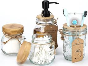 img 4 attached to Rustic Boho Farmhouse Bathroom Accessories Set - Mason Jar Lotion Soap Dispenser, 2 Apothecary Jars with Bamboo Lid, Toothbrush Holder, Country Countertop Decor, Makeup Organizer