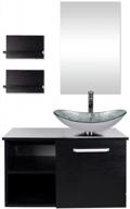 puluomis 28-inch bathroom vanity, modern lavatory wall mounted wood cabinet with mirror, wood black fixture, boat silver tempered glass sink top with single faucet hole logo
