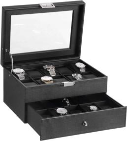 img 4 attached to 20 Slot Watch Box Organizer - BEWISHOME Metal Hinge Carbon Fiber Design Glass Top Large Holder Black SSH04C