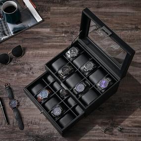 img 3 attached to 20 Slot Watch Box Organizer - BEWISHOME Metal Hinge Carbon Fiber Design Glass Top Large Holder Black SSH04C