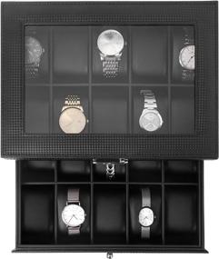 img 2 attached to 20 Slot Watch Box Organizer - BEWISHOME Metal Hinge Carbon Fiber Design Glass Top Large Holder Black SSH04C