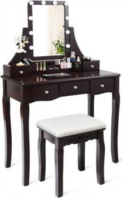 img 4 attached to Get Ready In Style: CHARMAID Lighted Vanity Set With Dimmable Bulbs, Spacious Storage And Cushioned Stool In Coffee