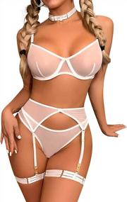 img 4 attached to Sheer Mesh Lingerie Set With Wire Bra, Choker, And Garter Belt - 5 Piece Popiv Set