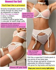 img 2 attached to Sheer Mesh Lingerie Set With Wire Bra, Choker, And Garter Belt - 5 Piece Popiv Set