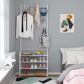 img 3 attached to UDEAR Hall Tree: 3-In-1 Entrance Coat Rack With Shoe Bench & 4 Tier Storage Shelves - 8 Hooks, Multifunctional For Living Room, Bathroom, Hallway - White