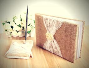 img 3 attached to Burlap And Lace Rustic Wedding Guest Book With Silver Pen - 120 Lined Pages For Guests' Thoughts In Gift Box