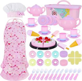 img 4 attached to Набор игрушек Play Food из 54 предметов с аксессуарами для чаепития, печеньем и мороженым - идеальный кухонный набор для девочек с шляпой шеф-повара и розовым фартуком - идеальный подарок для детей и малышей