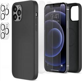 img 4 attached to Полный комплект защиты для IPhone 12 Pro Max — набор аксессуаров 6-в-1 с полуночным жидким силиконовым чехлом, 3 защитными пленками для экрана из закаленного стекла и 2 защитными кожухами для объектива камеры (2020, 6,7 дюйма)