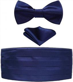 img 4 attached to HISDERN Men'S Navy Blue/Gray Satin Cummerbund Stripe Bow Tie And Handkerchief Set