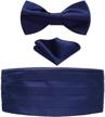 hisdern men's navy blue/gray satin cummerbund stripe bow tie and handkerchief set logo