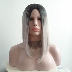 img 2 attached to Ombre Hair Silver Grey Синтетические парики для женщин - Короткий боб, прямой парик для косплея со средней частью, термостойкий от черного до серого (28 см)