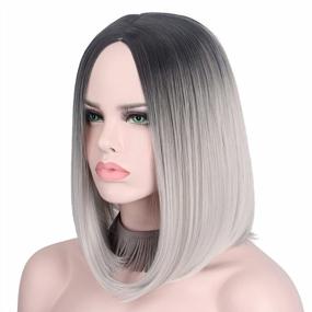 img 4 attached to Ombre Hair Silver Grey Синтетические парики для женщин - Короткий боб, прямой парик для косплея со средней частью, термостойкий от черного до серого (28 см)