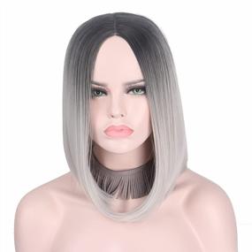 img 3 attached to Ombre Hair Silver Grey Синтетические парики для женщин - Короткий боб, прямой парик для косплея со средней частью, термостойкий от черного до серого (28 см)