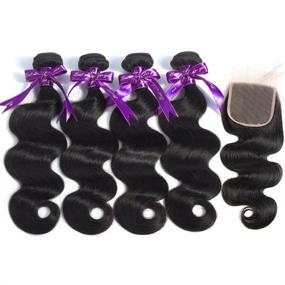 img 2 attached to Get Glamorous With Hermosa Hair: 8A Brazilian Body Wave Hair Bundles With Closure - Unprocessed Virgin Human Hair (14-20 Inch) + Free Part Closure (12 Inch)