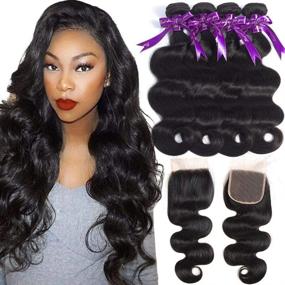 img 4 attached to Get Glamorous With Hermosa Hair: 8A Brazilian Body Wave Hair Bundles With Closure - Unprocessed Virgin Human Hair (14-20 Inch) + Free Part Closure (12 Inch)