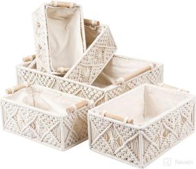 img 4 attached to 🧺 ANMINY 5PCS Macrame Storage Baskets Set: Handmade Boho Nursery Boxes with Wood Handles and Removable Washable Liner – Ideal Countertop Organizer for Toilet Tank, Shelf, Cabinet