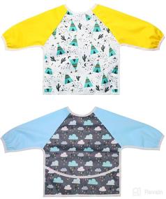 img 4 attached to 🌧️ Long Sleeved Waterproof Bibs for 6-24 Months: 2 Pack with Pocket, Perfect for Baby Girls and Boys (Teepee & Raindrops)