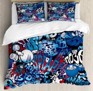 🎨 modern teenager style street wall graffiti duvet cover set for queen size bed with colorful artwork print and 2 pillow shams in pale blue - ambesonne logo