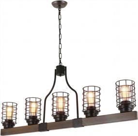 img 2 attached to Rustic Farmhouse Cage Chandelier 5 Lights 42" Linear Industrial Kitchen Island Pool Table Pendant Lighting Vintage Edison Ceiling Light Fixture Brown & Black (C0073)