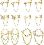 lolias 6pairs chain earrings set for women stainless steel ear pins hypoallergenic dangle earrings butterfly ball bar cz stud earrings huggie hoop piercing earrings logo