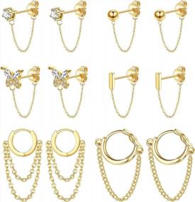 img 4 attached to LOLIAS 6Pairs Chain Earrings Set For Women Stainless Steel Ear Pins Hypoallergenic Dangle Earrings Butterfly Ball Bar CZ Stud Earrings Huggie Hoop Piercing Earrings