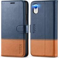 tucch iphone xr wallet case with rfid blocking, stylish pu leather flip cover, card slot and wireless charging compatibility, tpu protective shell in dark blue & brown, for iphone xr 6.1 logo