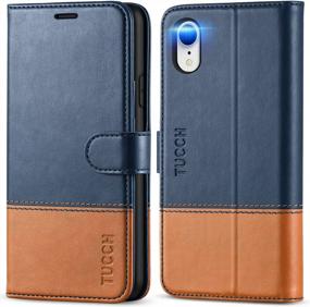 img 4 attached to TUCCH IPhone XR Wallet Case With RFID Blocking, Stylish PU Leather Flip Cover, Card Slot And Wireless Charging Compatibility, TPU Protective Shell In Dark Blue & Brown, For IPhone XR 6.1