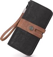 large leather women's wallet with organizer, card holder, and wristlet - designer travel clutch in black with brown accents by cluci logo