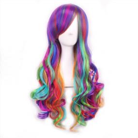 img 2 attached to Colorful 27 Inch Rainbow Wig For Women - Mersi Long Curly Wavy Cosplay Costume Wig With Included Wig Cap - Ideal For Cosplay And Costume Parties (Rainbow Color) - S012