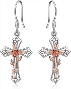 img 4 attached to Sterling Silver Rose Flower Cross Dangle Earrings - Religious Jewelry Gifts For Women & Teen Girls